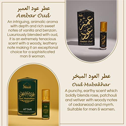 Dukhni Ma’amoul  Attar Oil Set | العطار العربي | Authentic Arabic Fragrance Oils| 100% Halal Blends, Ramadan Eid Gifting | Oud Mukhalat, Oud Mubakhar, Oud Abyad, Oud Ya Aini, Attar Al Bakhoor, Ambar Oud - 6Ml Each #TOP3