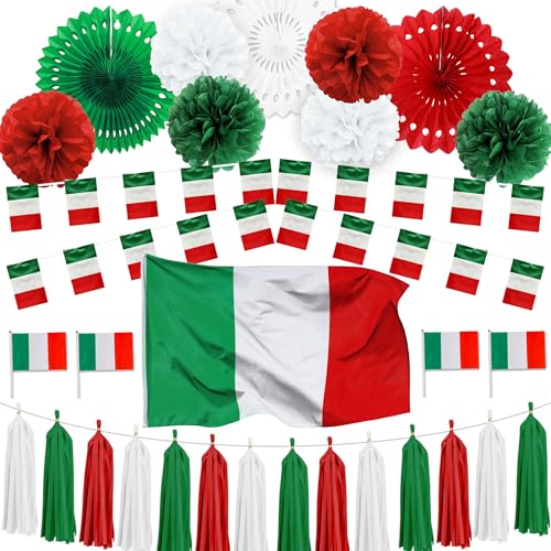 Tasoraor Italienische Flaggen Papier Deko - Italien Fahnenkette Rot Grün Papierfächer Pompons Handflagge und Flaggenkette für Fußball Euro WM 2026 Party Dekoration