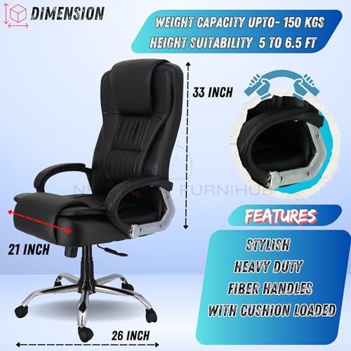 Image of NEWTURN Dragon Ergonomic Office Chair: High Back, Premium Leatherette, Pre-Assembled with Metal Stand, Revolving Boss Chair with 2-Year Warranty, Black