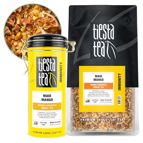 Image of Tiesta Tea - Maui Mango, Loose Leaf, Mango Pineapple Herbal Tea, Premium Non-Caffeinated Fruit Blend, Makes Hot or Iced & Brews Up to 250 Cups - 16oz Bulk Pouch & 5.5oz Refillable Tin Combo