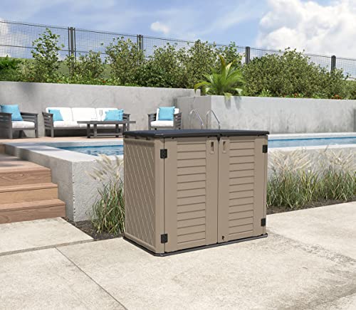 Image of KINYING Outdoor Storage Shed - Horizontal Storage Box Waterproof for Garden, Patios, Backyards, Multi-Opening Door for Easy Storage of Garbage Cans, Tools, Lawn Mower, 26 Cubic Feet,Brown