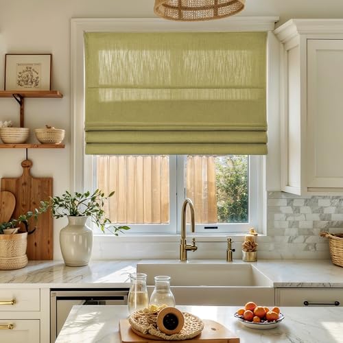 Image of TWOPAGES Isabella No Drill Cordless Roman Shade Linen Textured Cotton Roman Blind for Windows, Custom Made Room Darkening Blackout Roman Window Shade, Hardware Included, Apple Green, 1 Piece