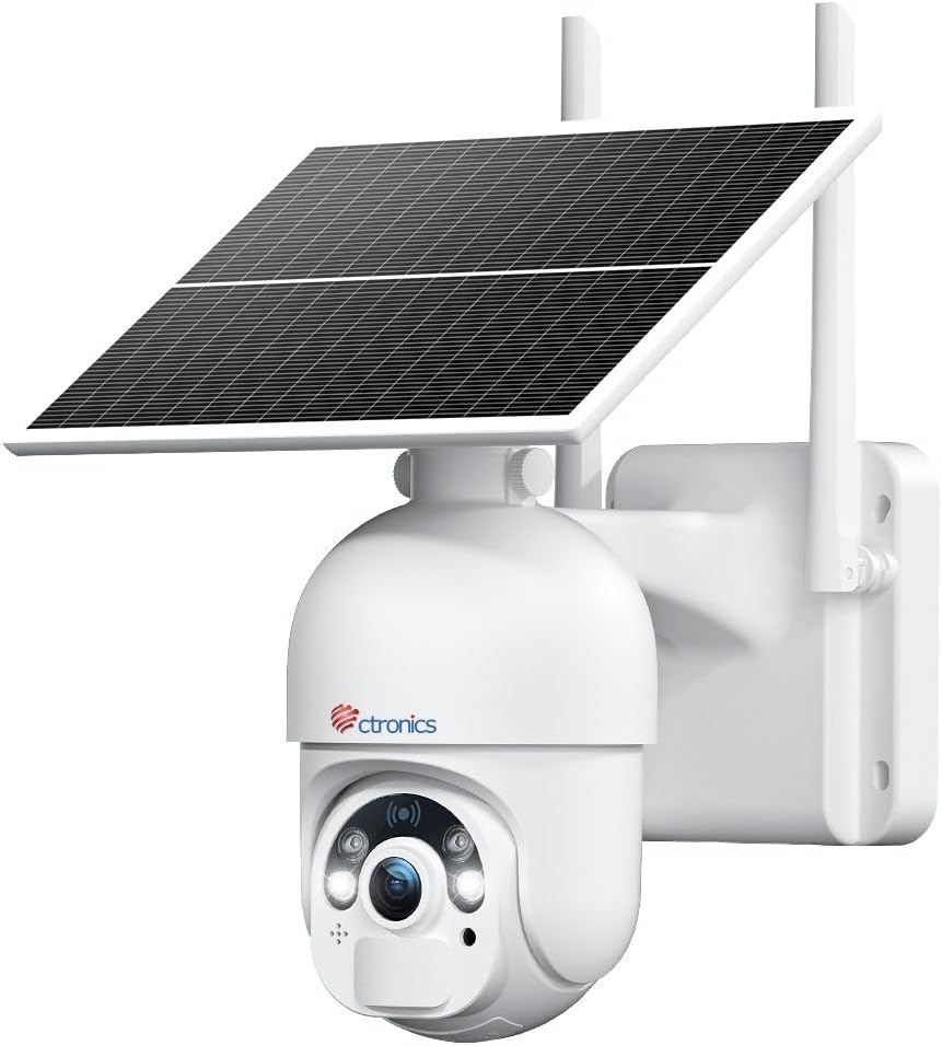 Ctronics Solar Security Camera Outdoor, 6W Solar Panel, 25M Color Night Vision Spotlight, PC & Phone Access, 2K 3MP Battery Camera with PIR Human Detection, 2-Way Audio, IP66 (White)