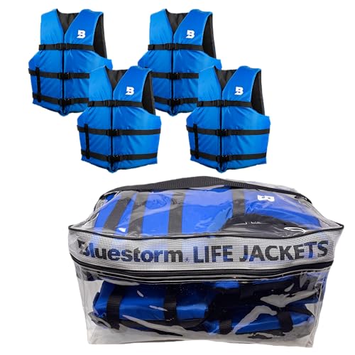 BLUESTORM Universal General Boating Life Jacket for Adults | US Coast Guard (USCG) Approved Type 3 Universal Foam Life Vest Preserver (PFD) (Deep Blue 4 Pack, Adult Universal)