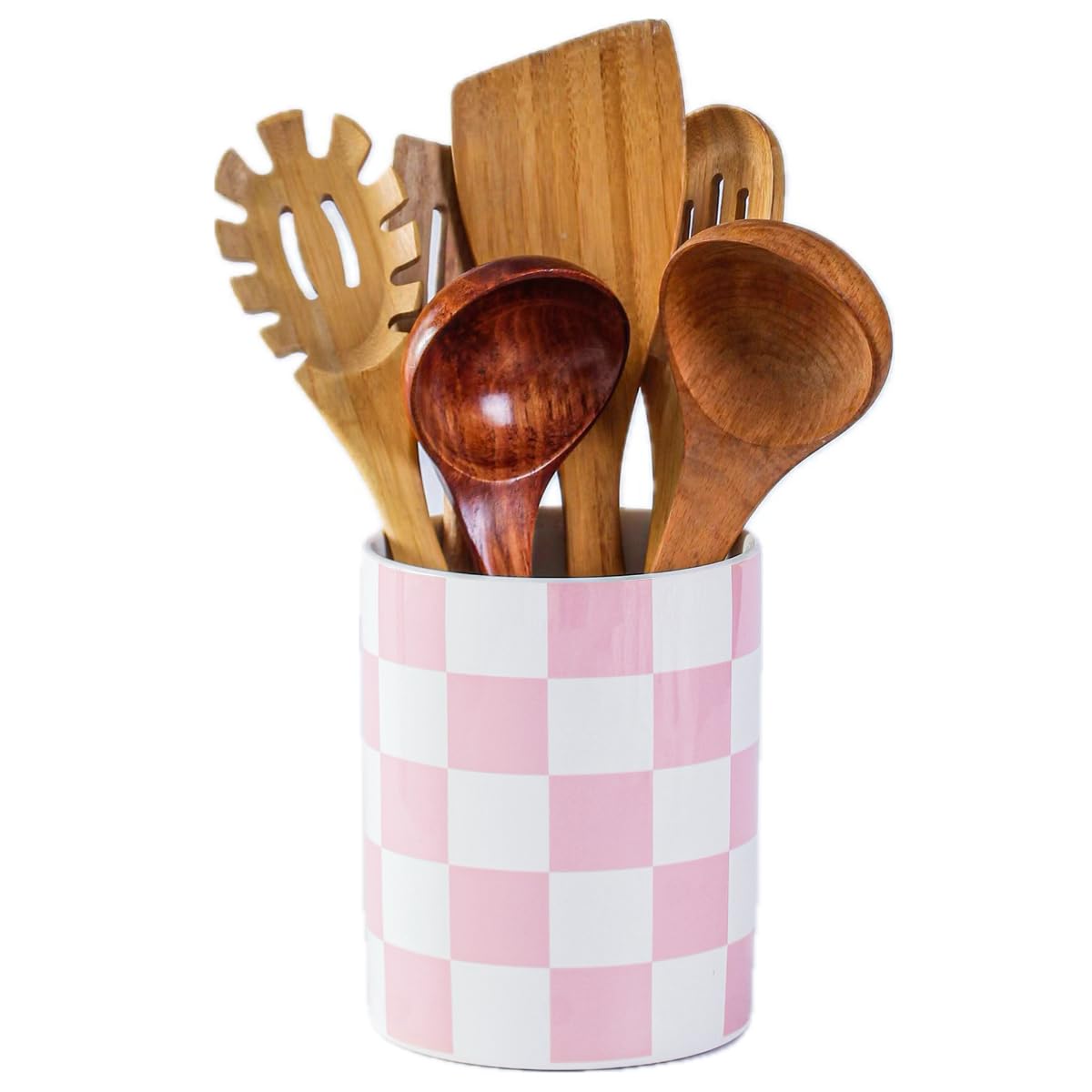 Joyramic Kitchen Utensil Holder, 6.3 Inch Checkered Ceramic Cooking Utensil Holder Modern Utensil Crocks for Kitchen Counter-Farmhouse, Housewarming Gift, Decor and Accessories (Pink-White, 16 cm)
