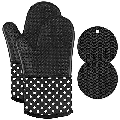 Ofenhandschuhe Hitzebestaendig Backhandschuhe 13 der Zoll, Topfhandschuhe Silikon Anti-Rutsch Hitzebeständige bis 300°C Silikon und Baumwolle für Küche, Backen (Black) Cover