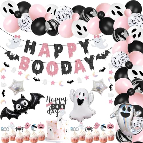 92 Packs Pink Black Halloween Birthday Party Kit Happy Boo Day Banner Cake Topper Ghost Cupcake Toppers Skeleton Bat Mylar Balloons for Pink and Black Halloween Birthday Party Decorations