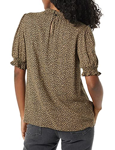 Amazon Essentials Camisa en Sarga Fluida con Manga Corta Abullonada y Detalle Fruncido Mujer, Camel Micro Guepardo, L