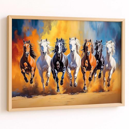 Image of HOTHOUSE Seven Running Vastu Lucky Horse Painting | 7 Horses Vastu Frame Wall Art Painting for Living Room Bedroom Office Home Decor Wall Decor Size (13X17 inch)