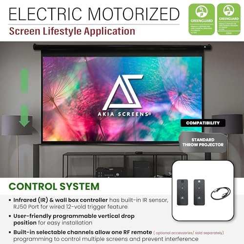 Image of Akia Screens 110 inch Motorized Projector Screen 16:9 - 8K /4K HD Electric Drop Down Screen with Remote, Ceiling or Wall Mount - AK-MOTORIZE110H2