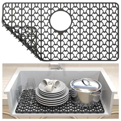 TERRIFI Silicone Kitchen Sink Mats - 26''x14'' Protectors with Rear Drain, Cut to Fit, Heat Resistant & Flexible, Suitable for Bottom of Farmhouse & Porcelain Sinks, Black