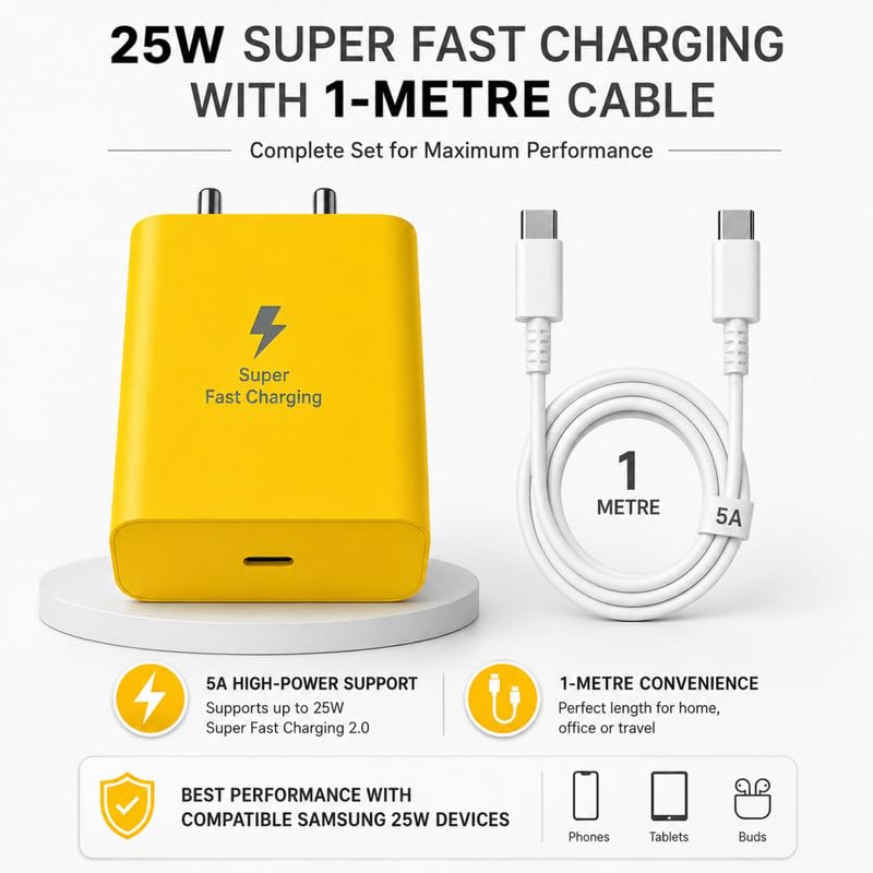 Image of 25W Type C Charger Adapter for Galaxy A35 /M35 /M15 /F15 /A15 /A14 /M14 /M34 /F34 /S24 /S23 Fe /S21 fe 5G /Z fold /flip /6 /5 /4 /3, Super Fast USB C for Tab S9 Ultra /S9 fe /A9 Plus /S8 /A7 /A8 -oo Yellow