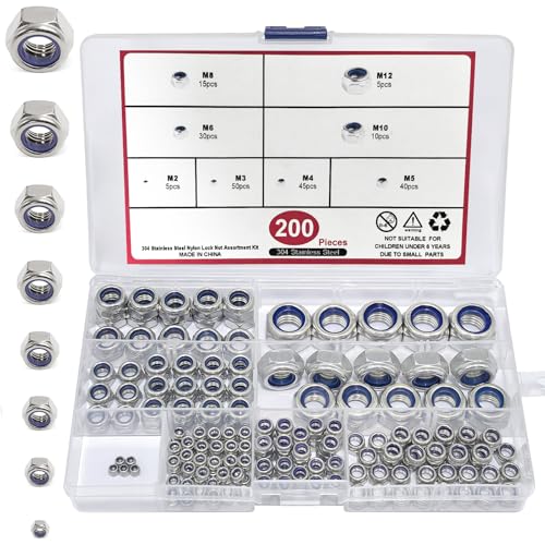 Sechskantmuttern 200 Stück,M2 M3 M4 M5 M6 M8 M10 M12 Muttern,Sicherungsmuttern,Sechskant,Selbstsichernde Stopmuttern,rostfreie Muttern für Schrauben&Unterlegscheiben&Gewindestangen