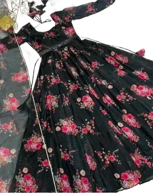 Image of Elegant Floral Printed Long Kurti with Matching Dupatta in Flowing Poly Georgette Fabric for Graceful Ethnic and Festive