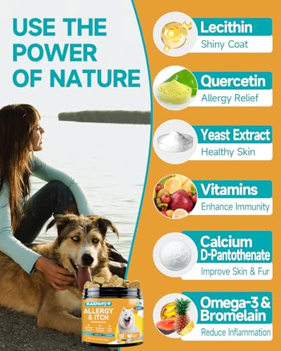 Allergy für Hunde - Gegen Juckreiz - Beruhigt juckende Haut, Pfoten, Ohren - Immunsystem Stärken - Für Hunde, die kratzen, jucken & lecken - Mit Huhn Geschmack, 120 STK