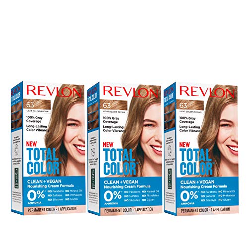 Revlon Total Color Permanent Hair Color, Clean and Vegan, 100% Gray Coverage Hair Dye, 63 Light Golden Brown, 10.2 oz (Pack of 3)