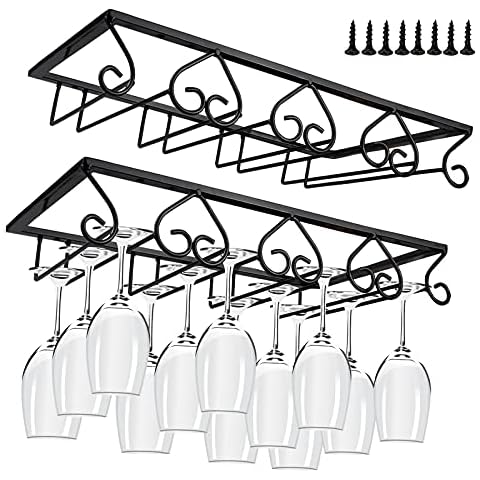 4 Slots Weinglashalter Gläserhalter aus Metall, kreative herzförmige Weingläser Aufbewahrungshalter unter Schrank Kleiderbügel Stemware Display Stand mit Schrauben für Bartheken Küchen (Schwarz, 2) Cover