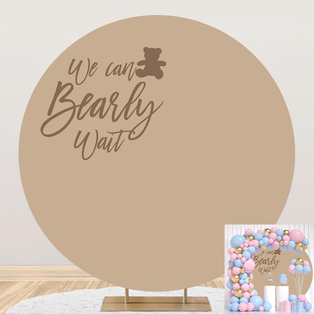7.2x7.2ft Pure Apricot Round Backdrop - We Can Bearly Wait to Meet You Baby Shower Stand Cover - Babyshower Birthday Party Background Photography