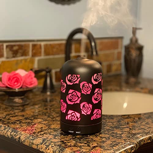 The Black Rose Flower Essential Oil Aromatherapy Diffuser, Humidifier And 7 Led Color Night Light 3-In-1 With Auto-Shut Off And Dim Modes, Cast Iron Metal 200Ml - Designed In Usa By Cleverdan #TOP2