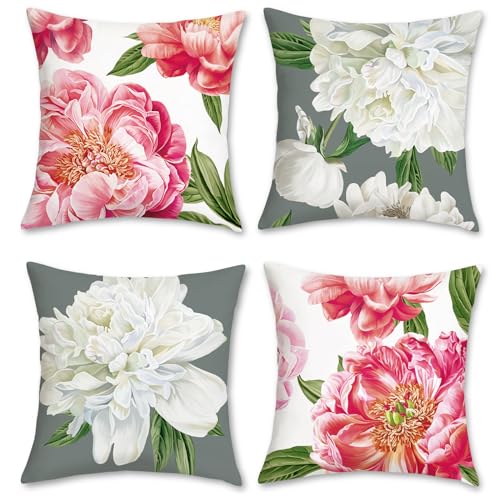 Bonhause 4er Set Kissenbezüge Frühling Blumen 45 x 45 cm Rosa Weiß Blume Pfingstrose Grau Dekorative Kissenhülle Zierkissenbezüge für Sofa Zuhause Terrasse Frühling Dekoration