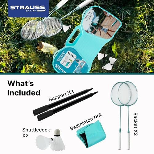 Image of STRAUSS Badminton Rackets Set of 2 with Net & Shuttle | Durable Material Badminton Kit | Adjustable Height Net | Kit Bag | Shuttle Bats Set of 2 | Settle Cork Bat Set |with Replacement Parts