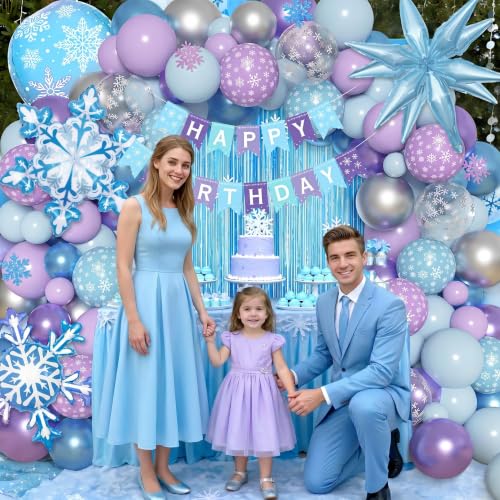 Image of Ouddy Life 190Pcs Frozenn Balloons Arch Kit Winter Wonderland Party Decor | Blue Purple Confetti Snowflake Balloons Fringe Curtain Birthday Banner, Princess Winter Wonderland Girl Party Decorations