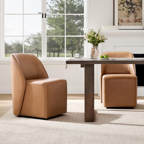 Image of Watson & Whitely Leather Rolling Dining Chairs with Casters Set of 2, Brown
