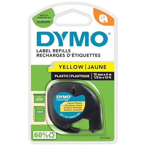DYMO LT plástico etiquetas | Negro sobre amarillo | 12 mm x 4m | para las etiquetadoras LetraTag | autoadhesivo