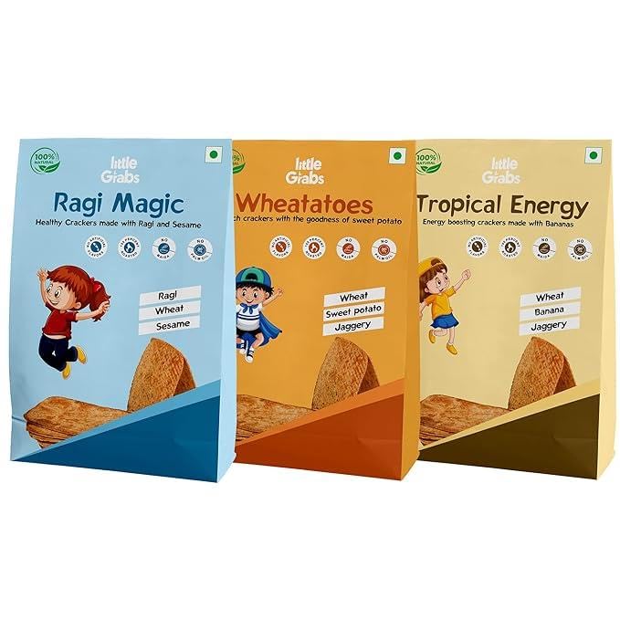 Little Grabs 3 Flavour Khakhra Snack – Ragi, Potato & Banana | Healthy Hand Roasted Khakhra | No Palm Oil & Maida | Organic Cold-Pressed Sunflower Oil | Pack of 3 x 100g