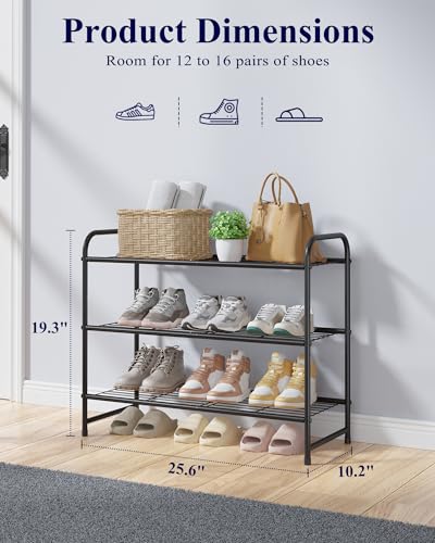 Image of Kitsure Shoe Rack - Stainless Steel Shoe Organizer, Sturdy Shoe Rack for Closet and Front Door Entrance, Free Standing Shoe Shelf, Closet Organizers and Storage, 25.6 inch Wide - 3 Tier, Black