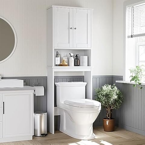 Shintenchi Over The Toilet Storage Cabinet, Bathroom Shelf Organizer with Anti-Tip Device Small Freestanding Space Saver with Adjustable Shelf，White Cover