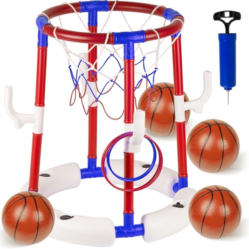 Dnoyevvs Pool-Basketballspielzeug Schwimmender Basketballkorb für den Pool mit 4 Bällen 6 Ringen und Pumpe Ideal für Kinder und Erwachsene um Spaß im Wasser zu haben