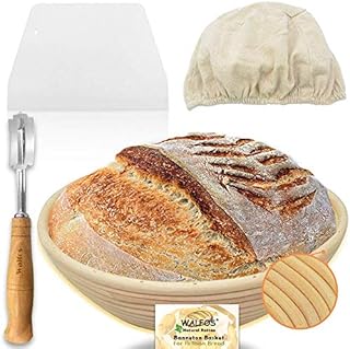 Walfos 9"/23cm Round Banneton Proofing Basket Set - French Style Sourdough Bread Basket, 100% Natural Rattan - Hand Crafted Bread Lame, Linen Cloth Liner & Dough Scraper Included, Professional Bakers