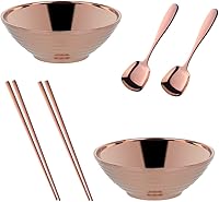 Vista 11 de Juego de tazones de sopa de fideos japoneses para ramen, 2 juegos (7.09 pulgadas), naranja y rojo, doble capa de acero inoxidable 18/8 con palillos
