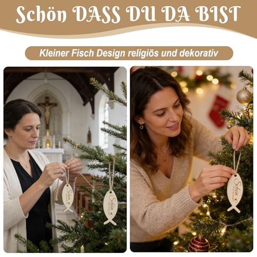 30 Stücke Holz Geschenkanhänger für Kommunion, Geschenkanhänger Taufe, Holzanhänger Fischform Holzscheiben Holzdeko, Streudeko für Kommunion, Konfirmation, Taufe, Gastgeschenke