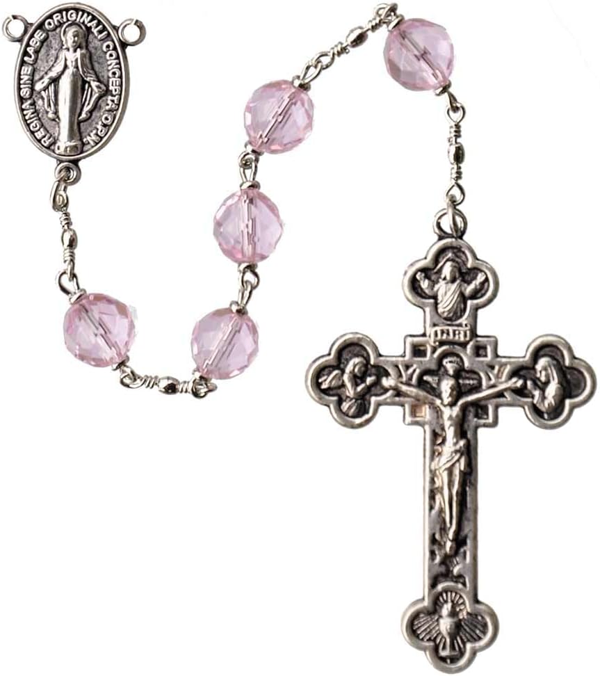 Sine Cera Crystal Bead 5 Decade Catholic Rosary Rhodium Plated Pewter Crucifix & Miraculous Medal for Men & Women