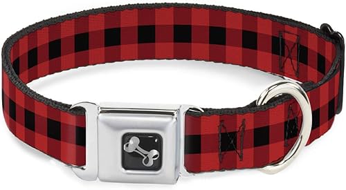 Buckle-Down Collar de perro con hebilla de cinturón de seguridad, diseño a cuadros de búfalo, color negrorojo, 1.5 pulgadas de ancho, se adapta a