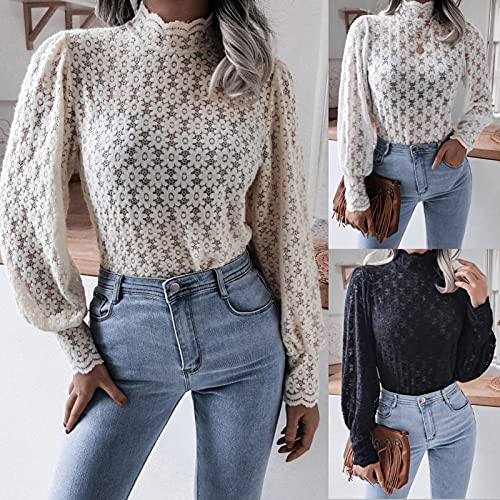 Domary Blusa feminina sexy cor sólida floral rendado gola manga comprida lanterna manga comprida ele