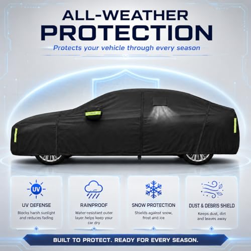 Image of Car Cover All Weather Custom Fit for Model 3 Waterproof 10 Layers 210T Full Cover Universal Heavy Duty Sun UV Rain Hail Protection with Driver Door Zipper Breathable Vents.