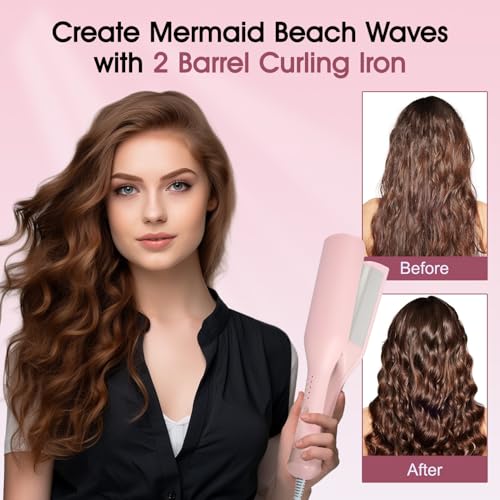 Image of Beach Wave Curling Iron Deep Waver Hair Tool, Mermaid Hair Waver for Women Crimper, Anti-Scald, Dual Voltage, 1.4 Inch Ceramic Double Barrel Wavy Curling Iron, Pink