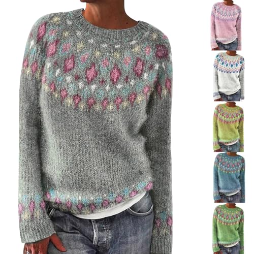 Fair Isle Jumpers - Suéteres de Navidad de gran tamaño para mujer, a la moda, nórdico, islandés, noruego, punto grueso, cálido, vintage, gráfico de manga larga, sudaderas casuales, rosa, L