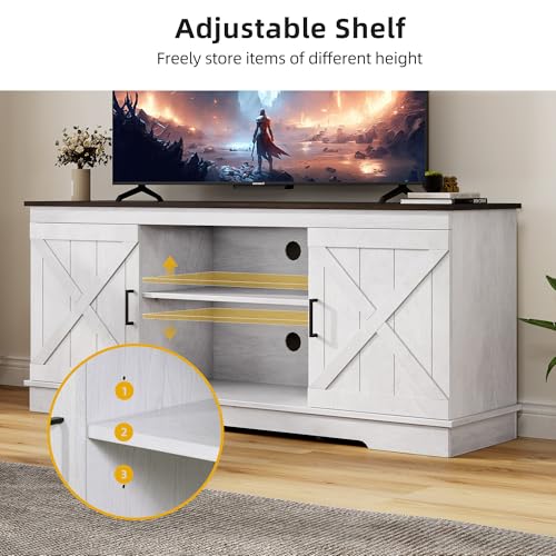 DWVO Farmhouse TV Stands for Living Room, Entertainment Center with Storage, TV Stand for 65 Inch TV with Double Barn Doors & Storage Cabinets, Rustic TV Cabinet Media Console, Espresso & Grey White