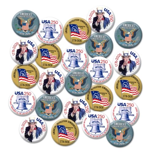 America's 250 Buttons - Pins 25-Pack: Liberty Bell, Bennington Flag,