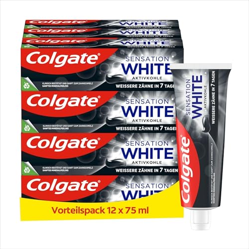 Colgate Sensation White Aktivkohle Zahnpasta 12x75ml - mit Aktivkohle, Weißere Zähne in 7 Tagen, hilft, das natürliche Weiß der Zähne wiederherzustellen, verhindern neue Verfärbungen