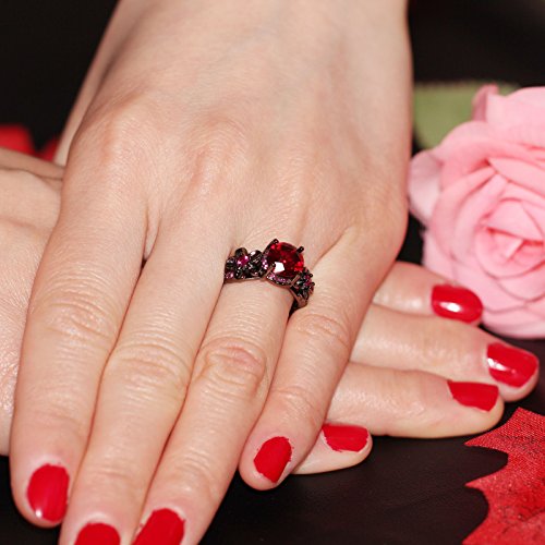 Uloveido Black Infinity Flower Promise Rings for Women with Cushion Cut Red Cubic Zirconia Stone Engagement Wedding Jewelry Y3572