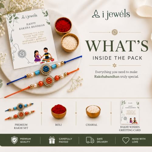 Image of I Jewels Traditional Designer Pack of 2 Rakhis with Decorative Crystal Work, Beads and Pearl Style Accents for Men Boys Brother Roli Chawal & Raksha Bandhan Card