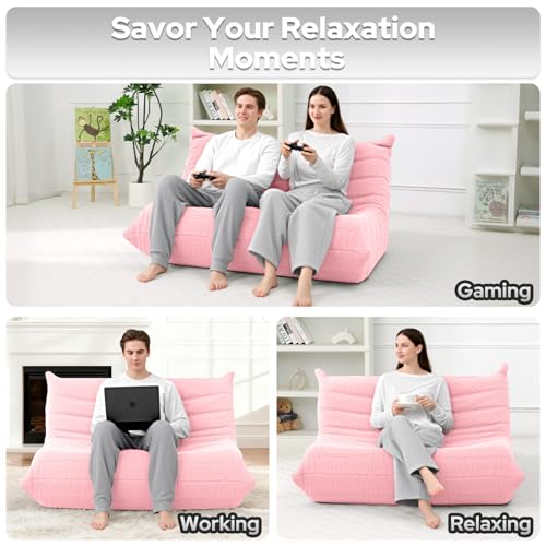 Image of HABUTWAY Bean Bag Chairs Fireside Lazy Floor Sofa,2 Seater,Pink | Soft Teddy Fleece 2 Seater Sofa with High-Resilience Foam Filling,Beanbag for Living Room, Bedroom, Office