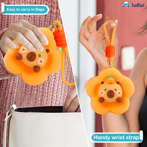 Image of FunBlast Soft Silicone Coin Pouch - Cute Animal Design Mini Purse with Strap, Multipurpose Silicone Pouch, Small Zipper Wallet for Kids & Girls, Kawaii Coin Bag - 9 X 9 X 6.5 cm (Orange)
