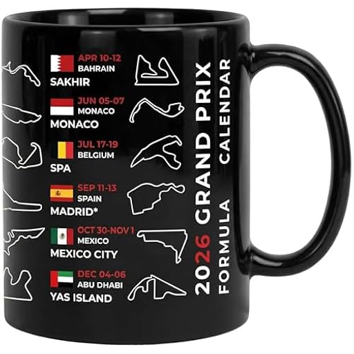 Taza de café de cerámica negra con calendario de Fórmula 1 de F1 para hombre, diseño de F1, muestra las fechas de carrera, países anfitriones y diseños para 24 circuitos. Diseñado específicamente para | Ya disponible en tu tienda friki favorita! En mundofriki.es!