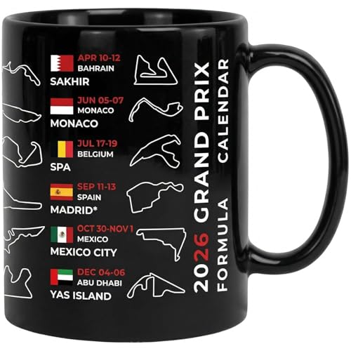 Taza de café de cerámica negra con calendario de Fórmula 1 de F1